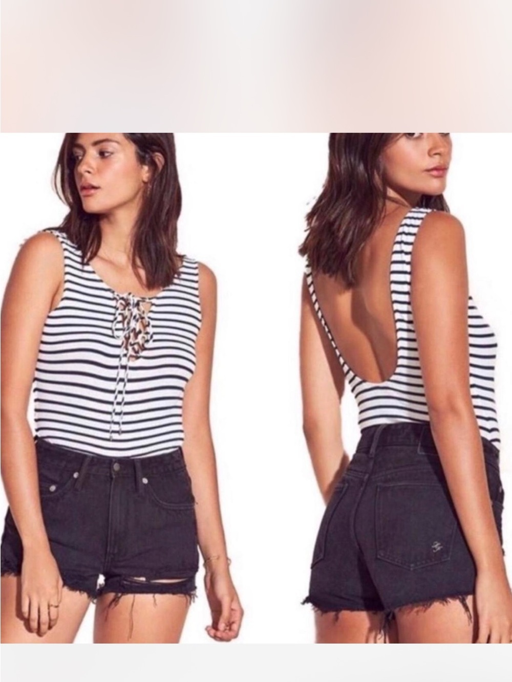 Lovers + Friends Black and White Striped Lace-Up Scoop-Back Bodysuit - Size M